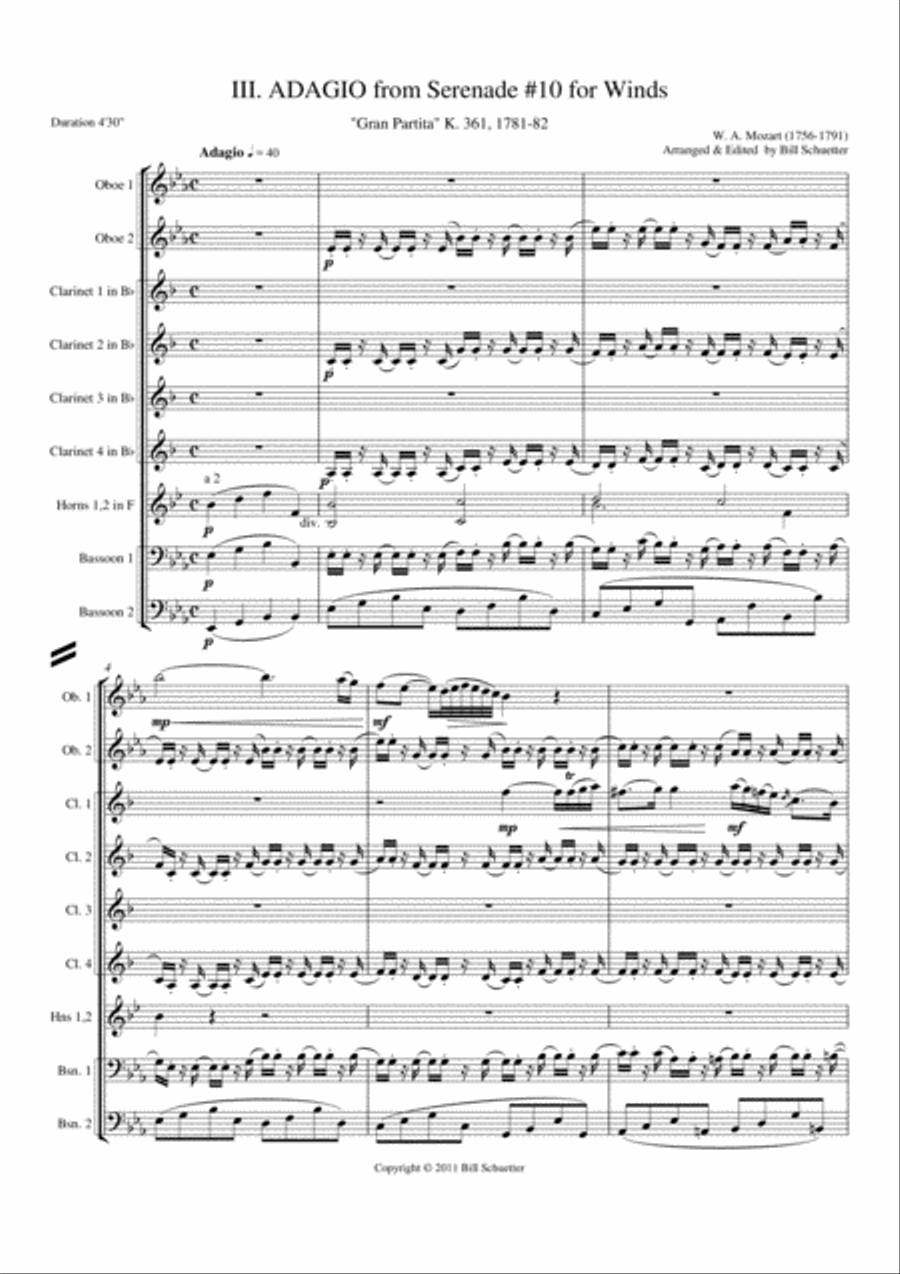 Adagio for 10 Winds, Serenade #10 Gran Partita Horn scores gallery preview page 1