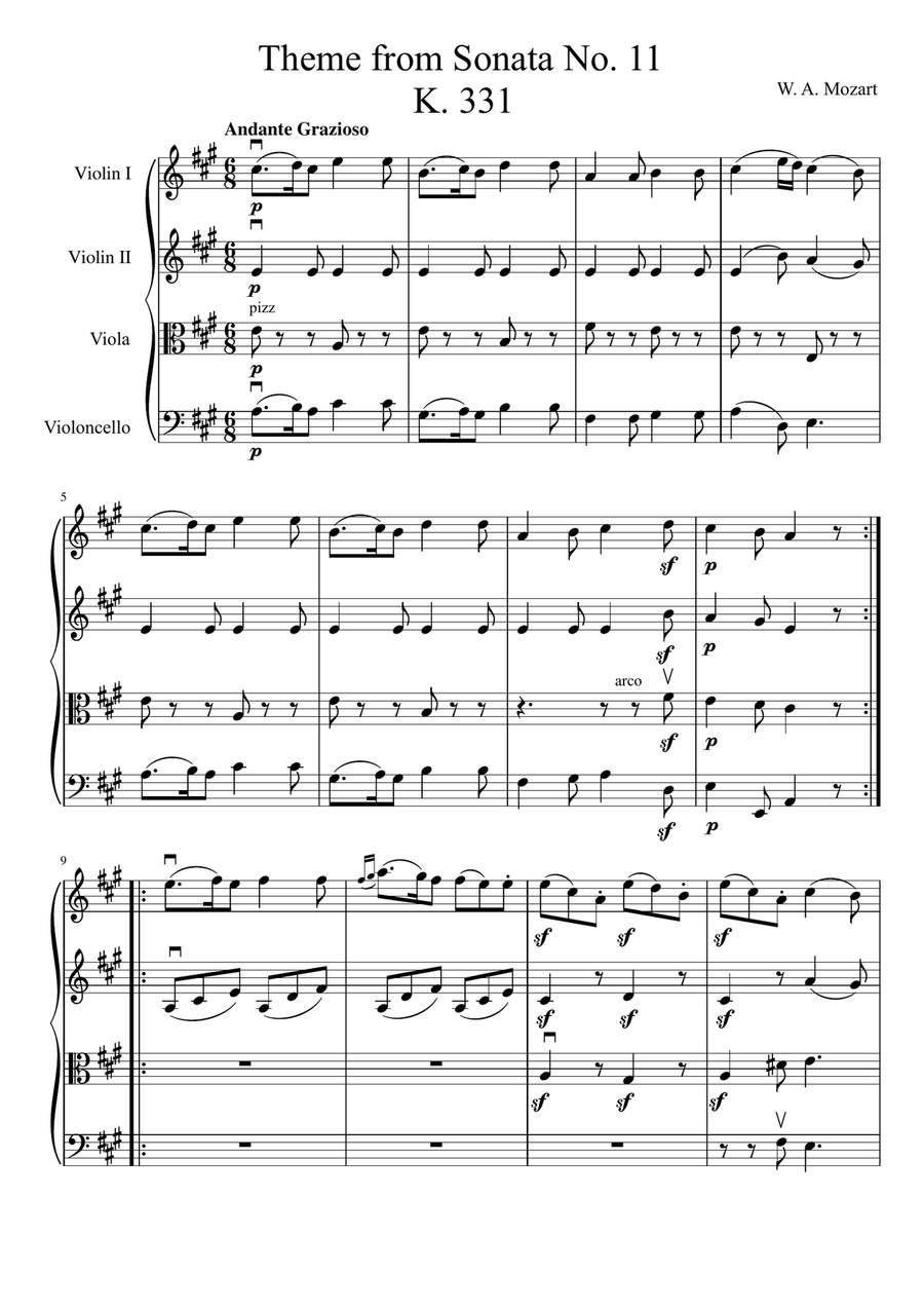 Theme from Mozart Sonata No. 11, K. 331 String Quartet scores gallery preview page 2
