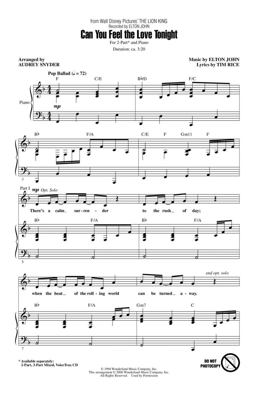 Can You Feel The Love Tonight (from The Lion King) (arr. Audrey Snyder) 2-Part scores gallery preview page 1