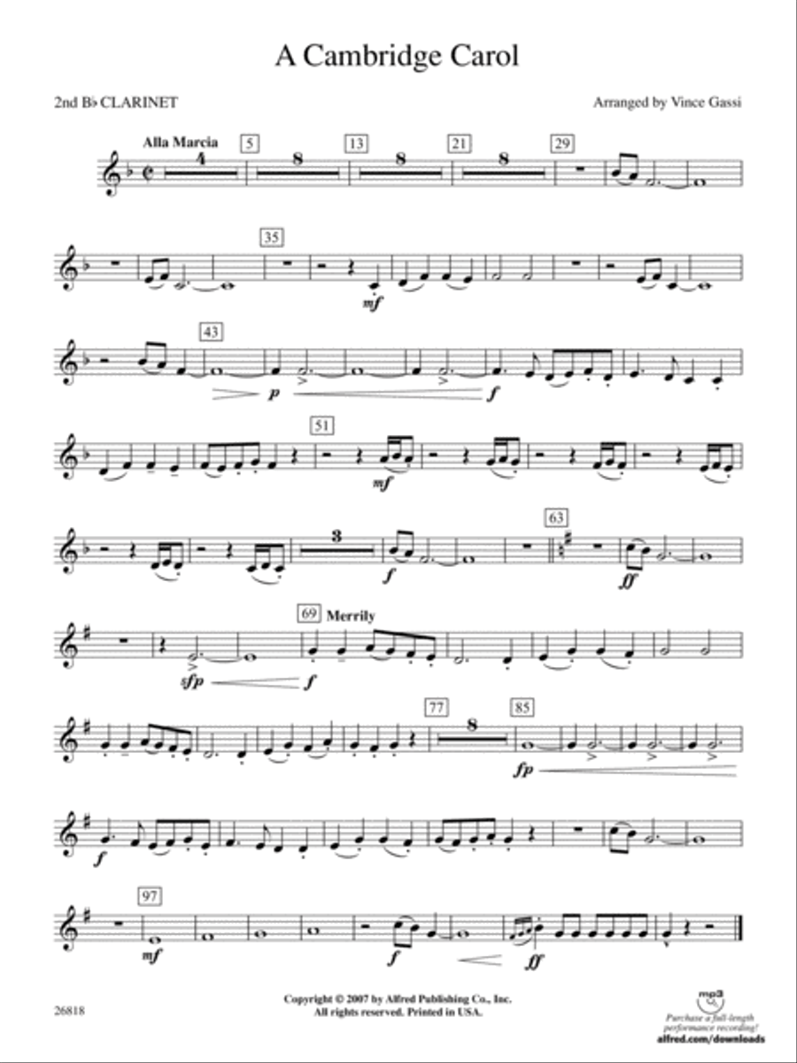 A Cambridge Carol: 2nd B-flat Clarinet Concert Band scores gallery preview page 1