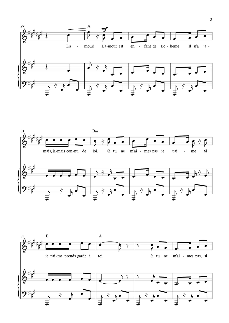 Habanera from Carmen for Baritone Saxophone with piano and chords. Baritone Saxophone scores gallery preview page 3