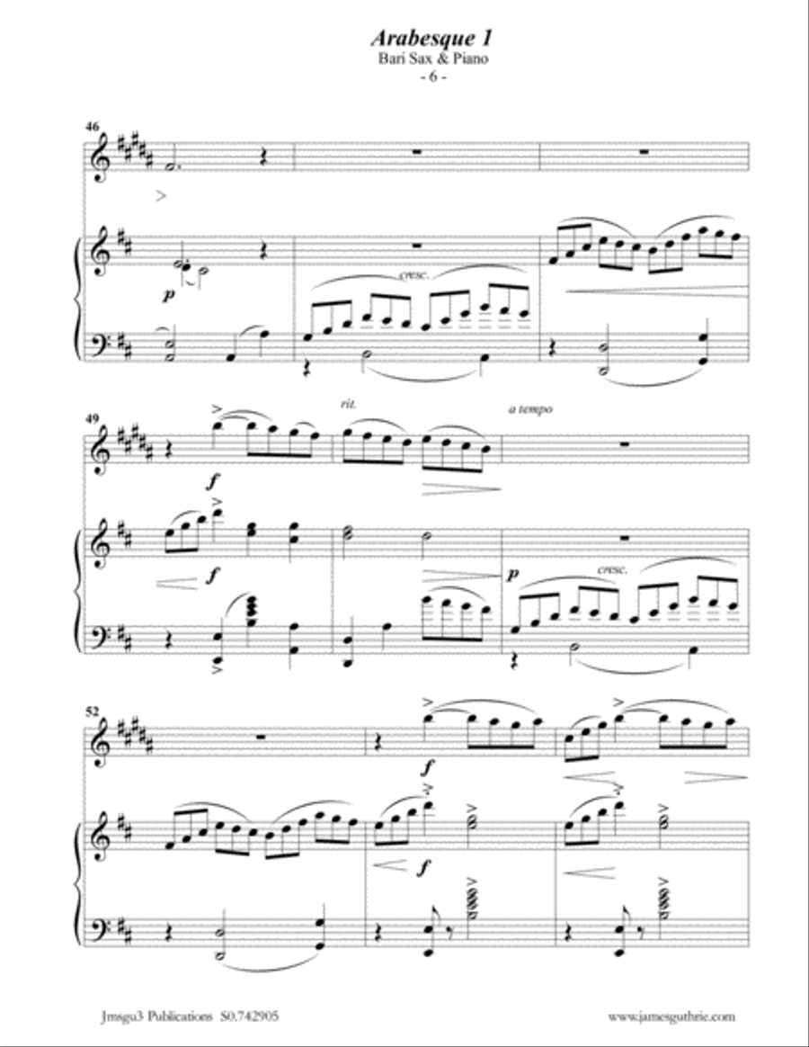 Debussy: Two Arabesques for Baritone Sax & Piano Baritone Saxophone scores gallery preview page 6