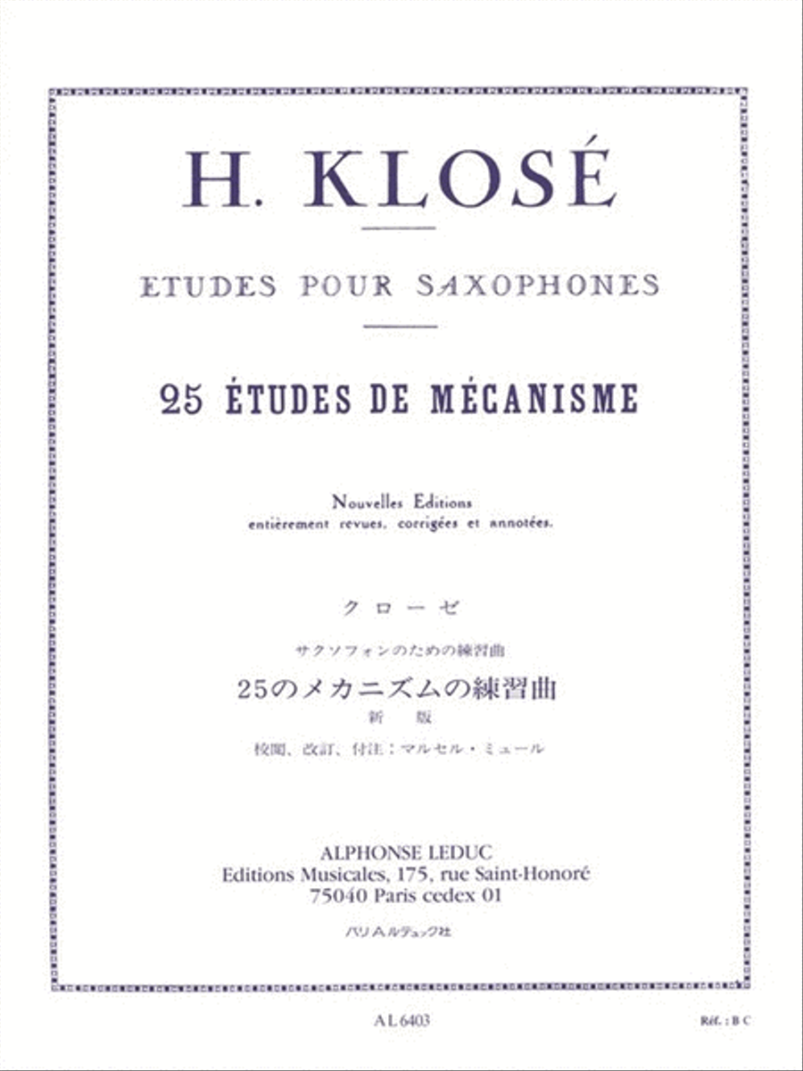 Book cover for Hyacinthe Klose - Vingt-cinq Etudes De Mecanismes Pour Saxophones