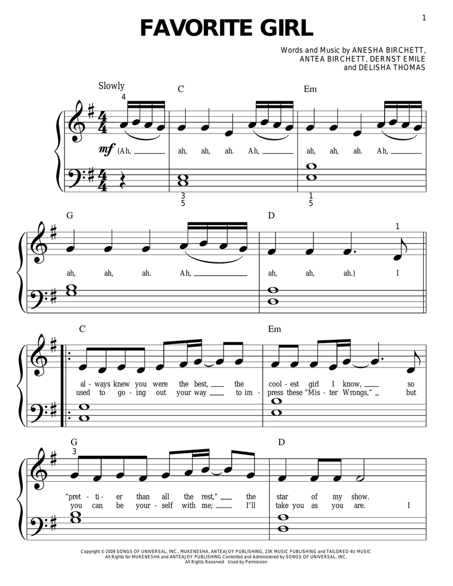 Favorite Girl Easy Piano scores gallery preview page 1