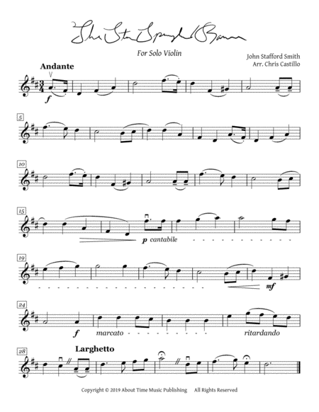 The Star Spangled Banner for Solo Violin (Easy Key of D Major)