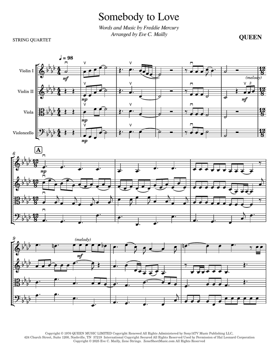 Somebody To Love String Quartet scores gallery preview page 1