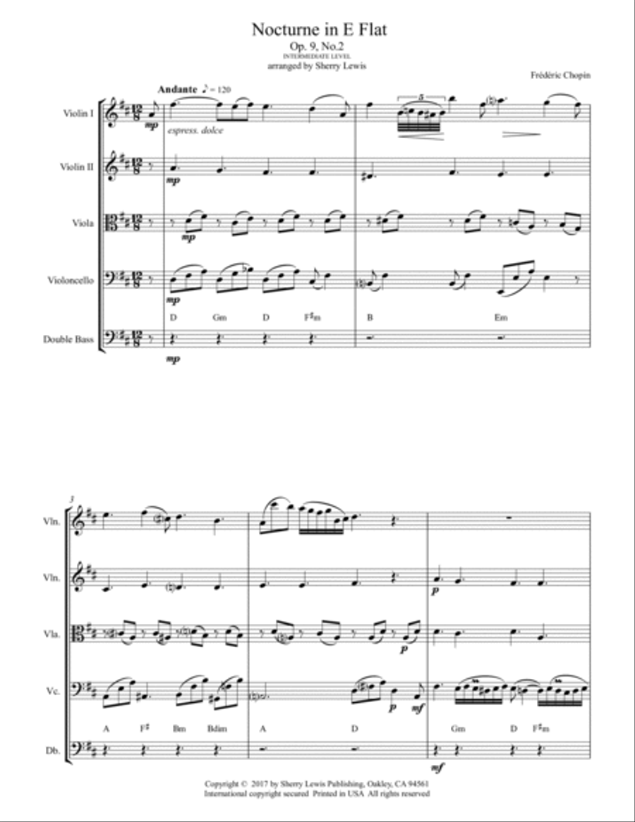 NOCTURNE, Opus 9 no. 2, Chopin, String Orchestra for 2 violins, viola, cello and string bass chords String Orchestra scores gallery preview page 4