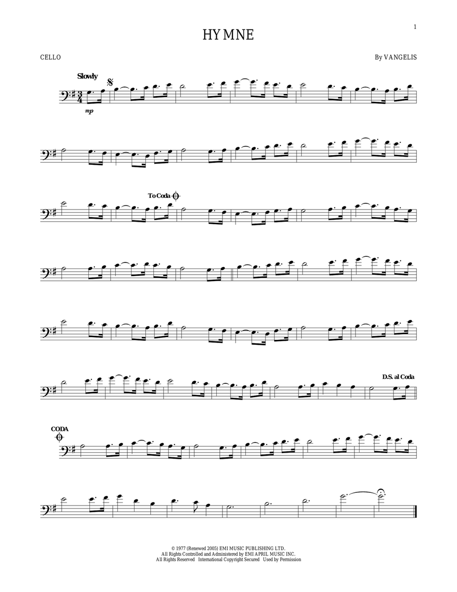 Hymne Cello Solo scores gallery preview page 1