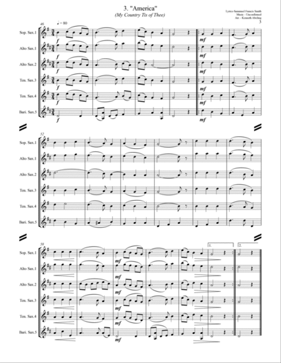 The U.S. National Anthem and The Americas (for Saxophone Quintet SATTB or AATTB) Saxophone Quintet scores gallery preview page 4