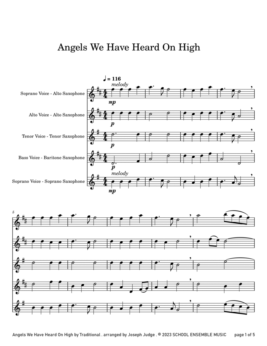 Angels We Have Heard On High for Saxophone Quartet in Schools Saxophone Quartet scores gallery preview page 1