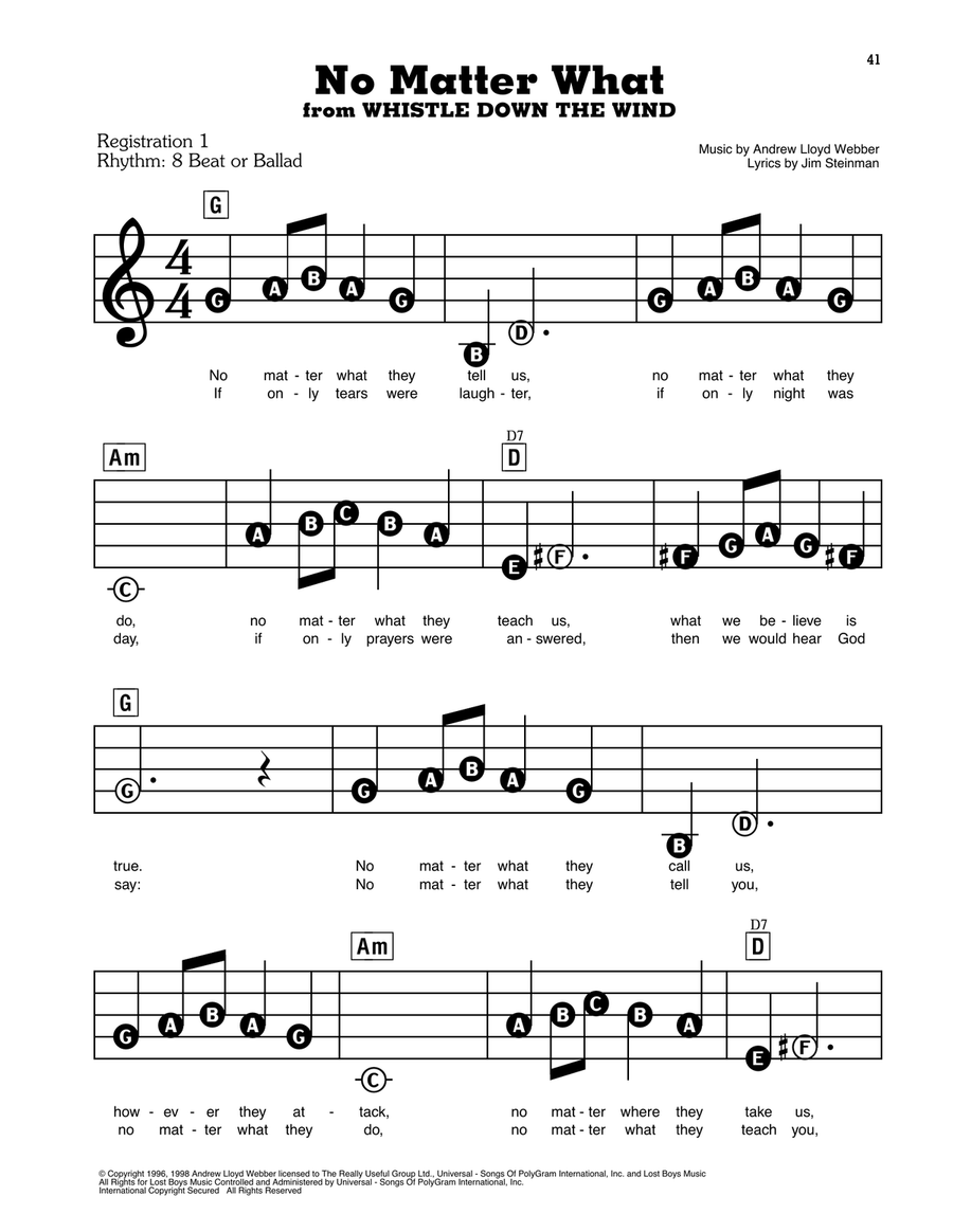 No Matter What (from Whistle Down The Wind) Electronic Keyboard scores gallery preview page 1