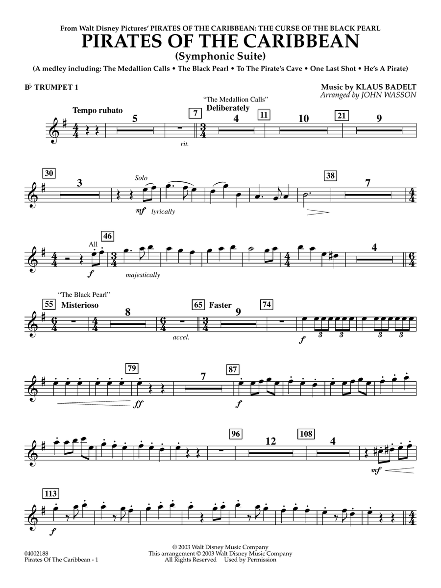 Pirates Of The Caribbean (Symphonic Suite) (arr. John Wasson) - Bb Trumpet 1 Concert Band scores gallery preview page 1