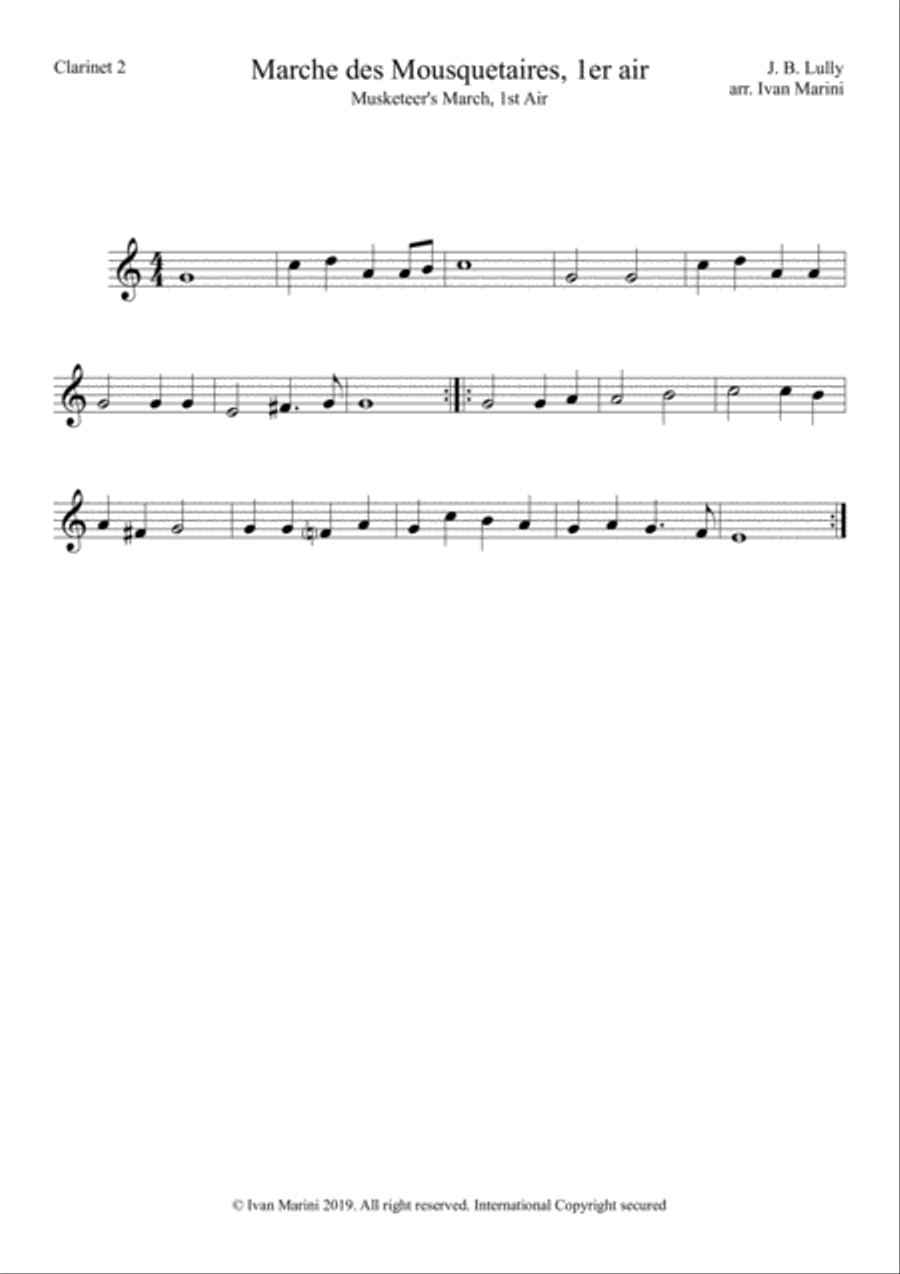 MARCHE DES MOSQUETAIRES (Musketeer's March) - by J. B. Lully - for Clarinet Quartet Clarinet Quartet scores gallery preview page 4