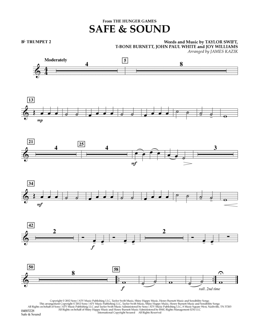 Safe & Sound (from The Hunger Games) - Bb Trumpet 2