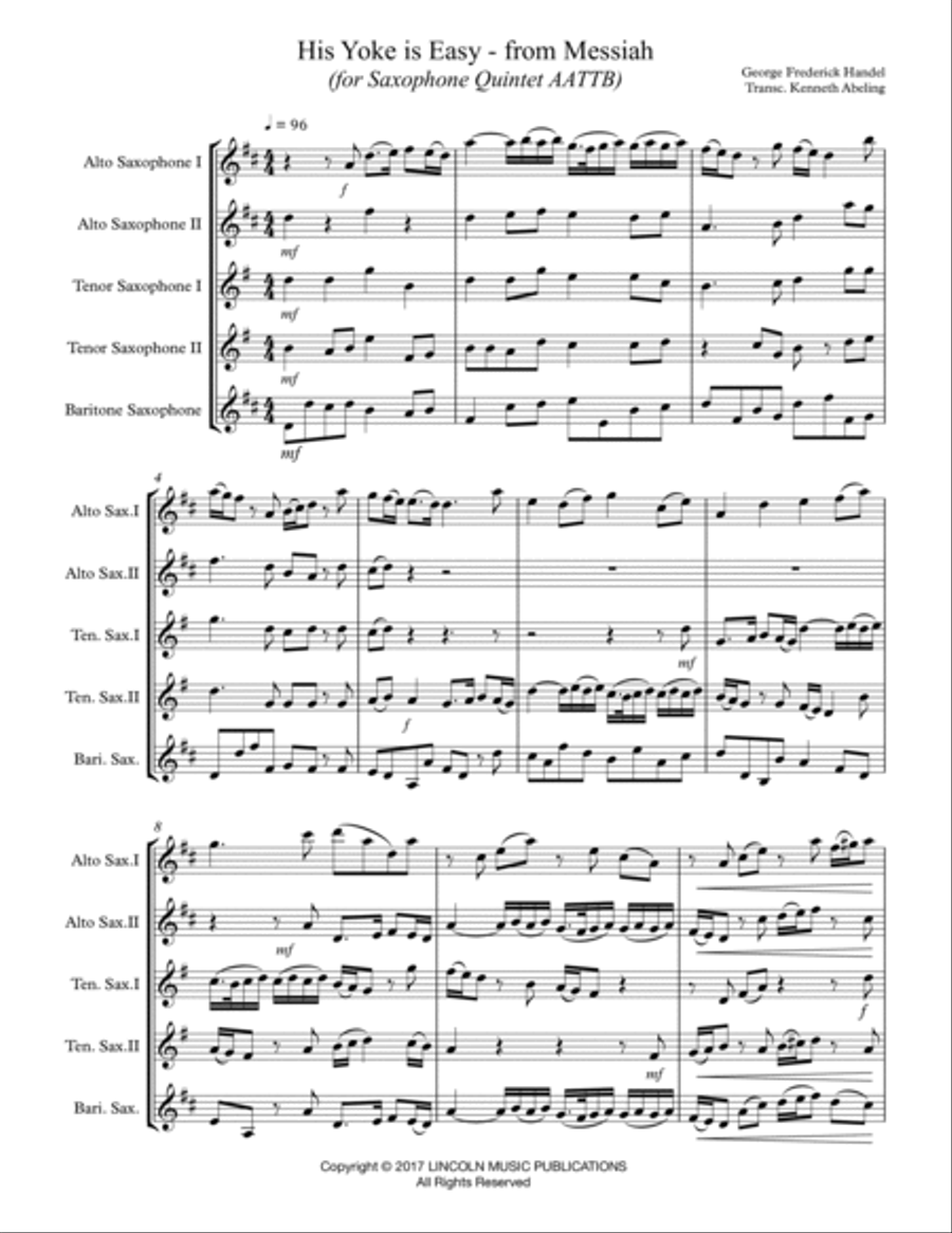 Handel – His Yoke is Easy from Messiah (for Saxophone Quintet AATTB) Saxophone Quintet scores gallery preview page 2