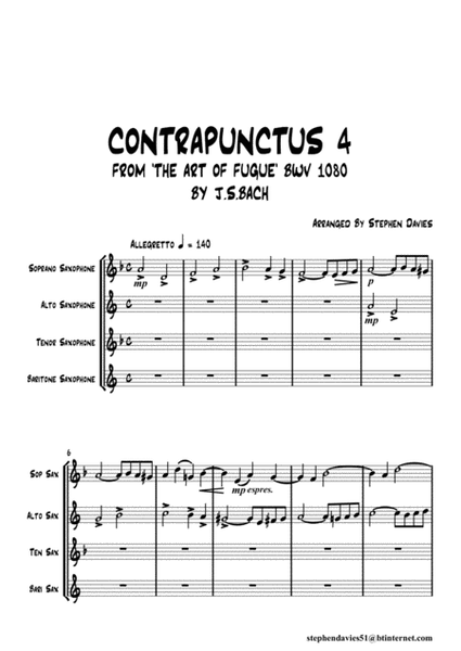 'Contrapunctus 4' By J.S.Bach BWV 1080 from 'The Art of the Fugue' for Saxophone Quartet. image number null