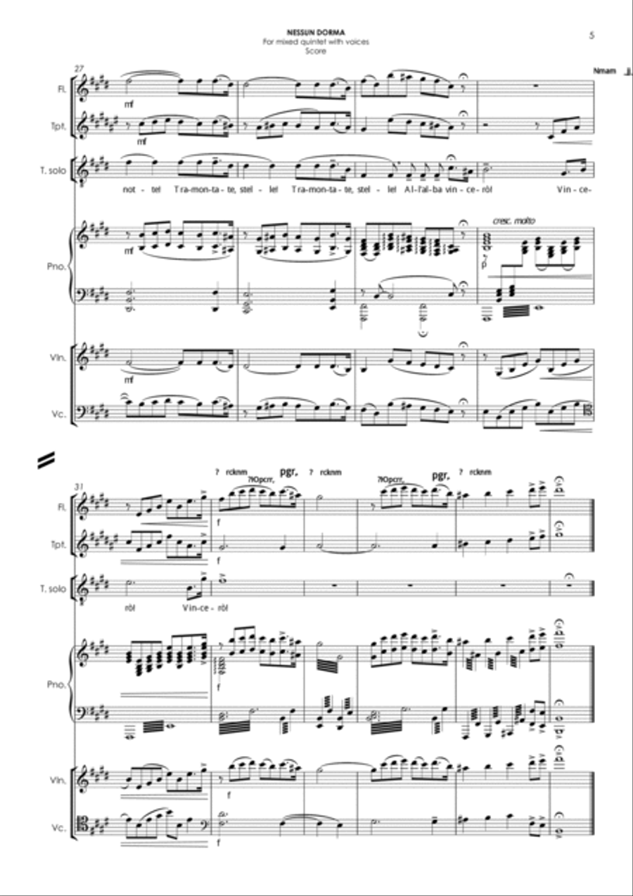 NESSUN DORMA (in E) - for voices & flexible quintet Small Ensemble scores gallery preview page 5