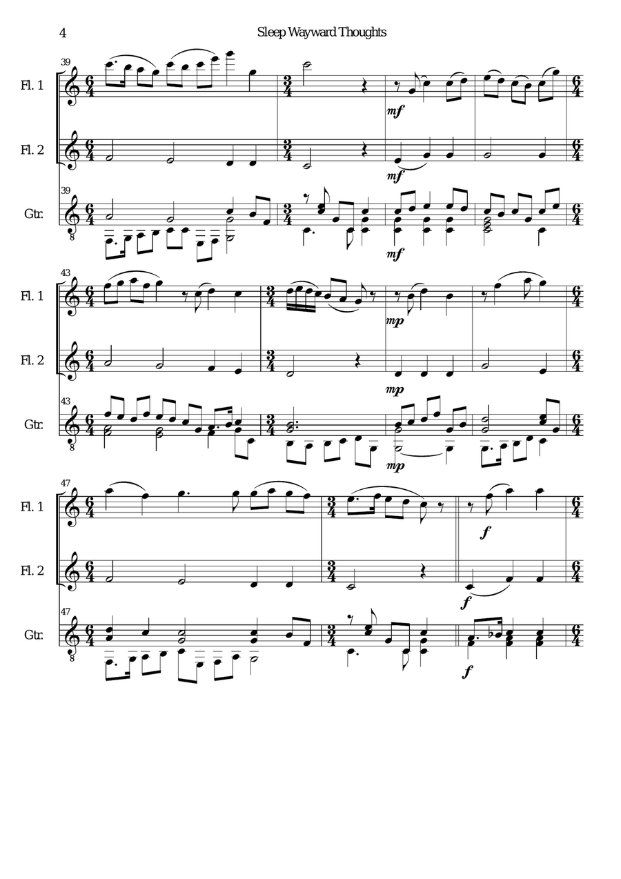 Sleep wayward thoughts for 2 flutes and guitar Flute scores gallery preview page 4