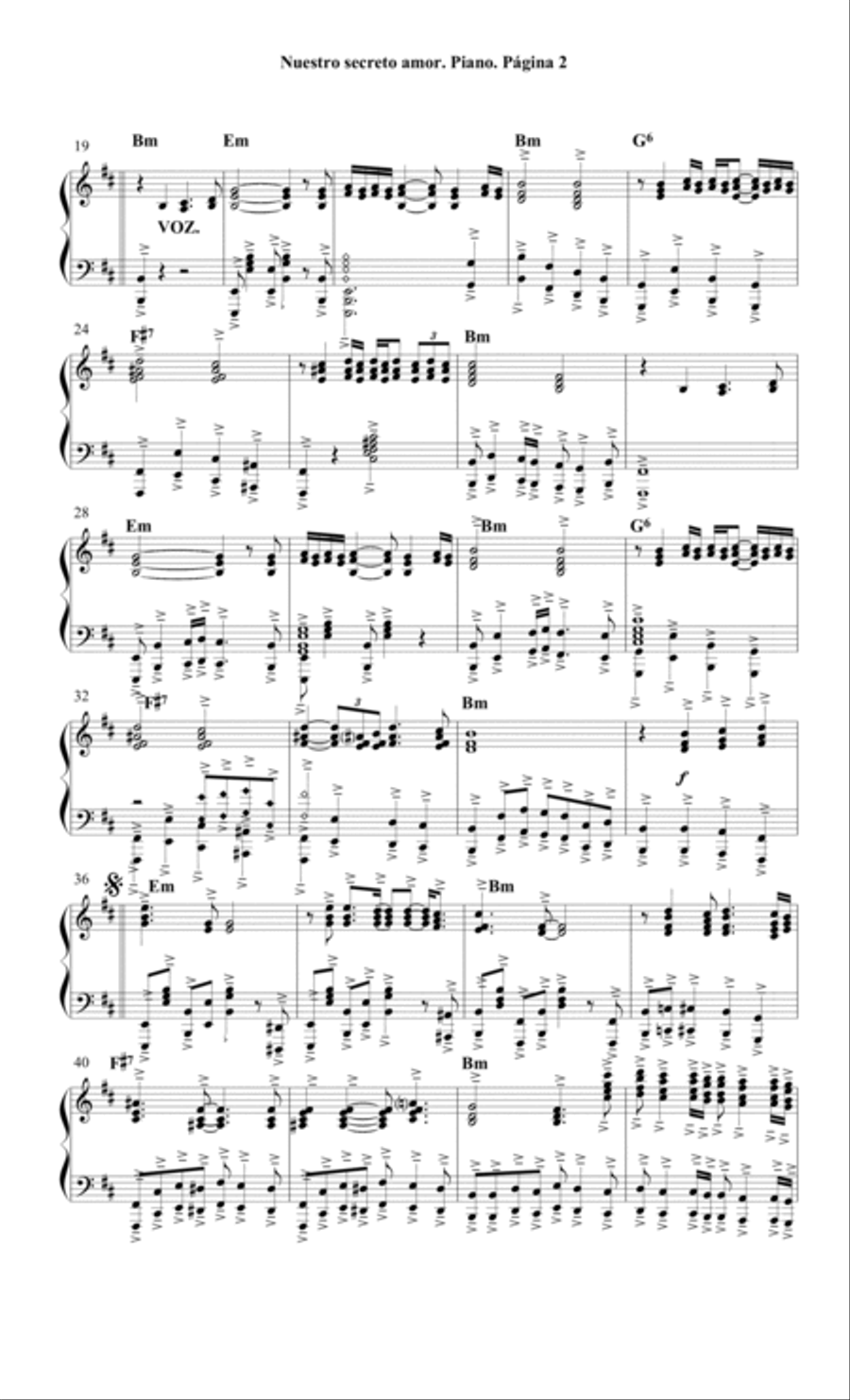 Nuestro secreto amor. Letra y música por: Leopoldo Díaz Vélez. Piano Method scores gallery preview page 2