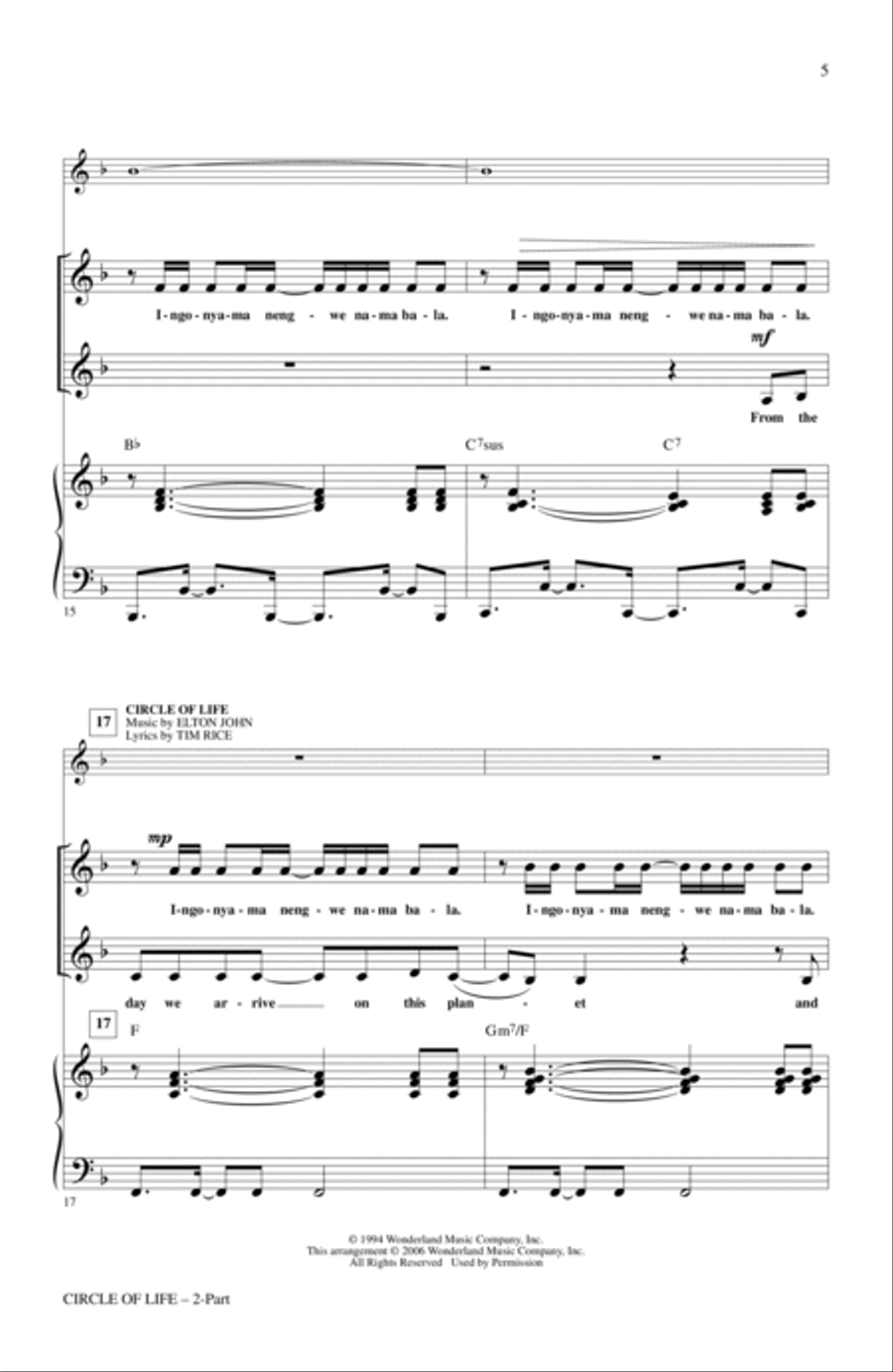 Circle Of Life (with Nants' Ingonyama) (from The Lion King) (Arr. Audrey Snyder) 2-Part scores gallery preview page 3