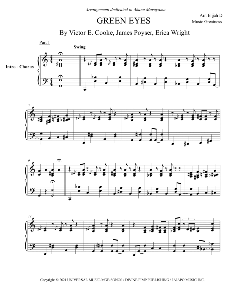 Green Eyes Piano Solo scores gallery preview page 1