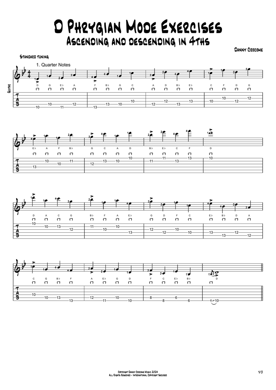 D Phrygian Mode Exercises - Ascending and Descending in 4ths Acoustic Guitar scores gallery preview page 1