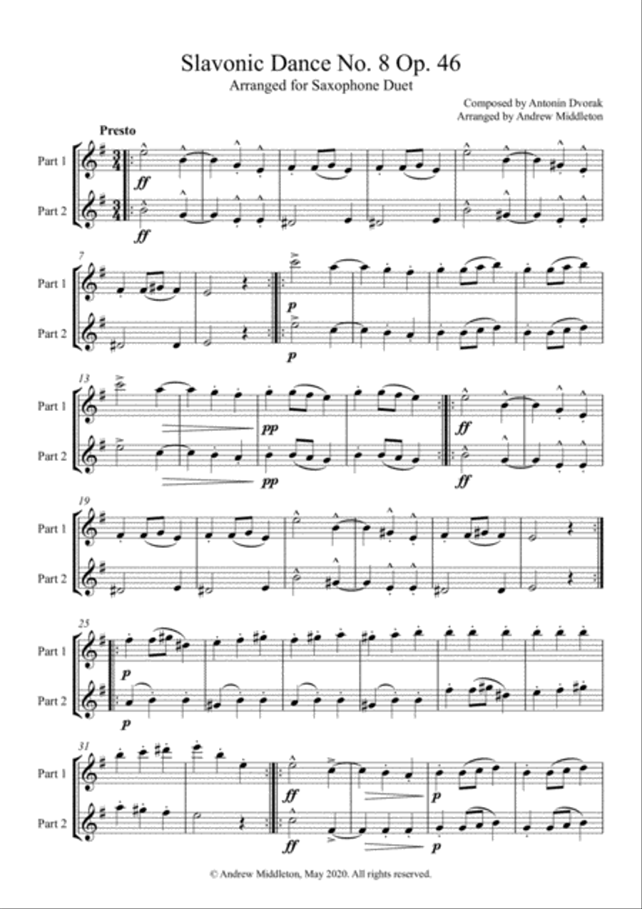 Slavonic Dance No. 8 arranged for Saxophone Duet Woodwind Duet scores gallery preview page 3