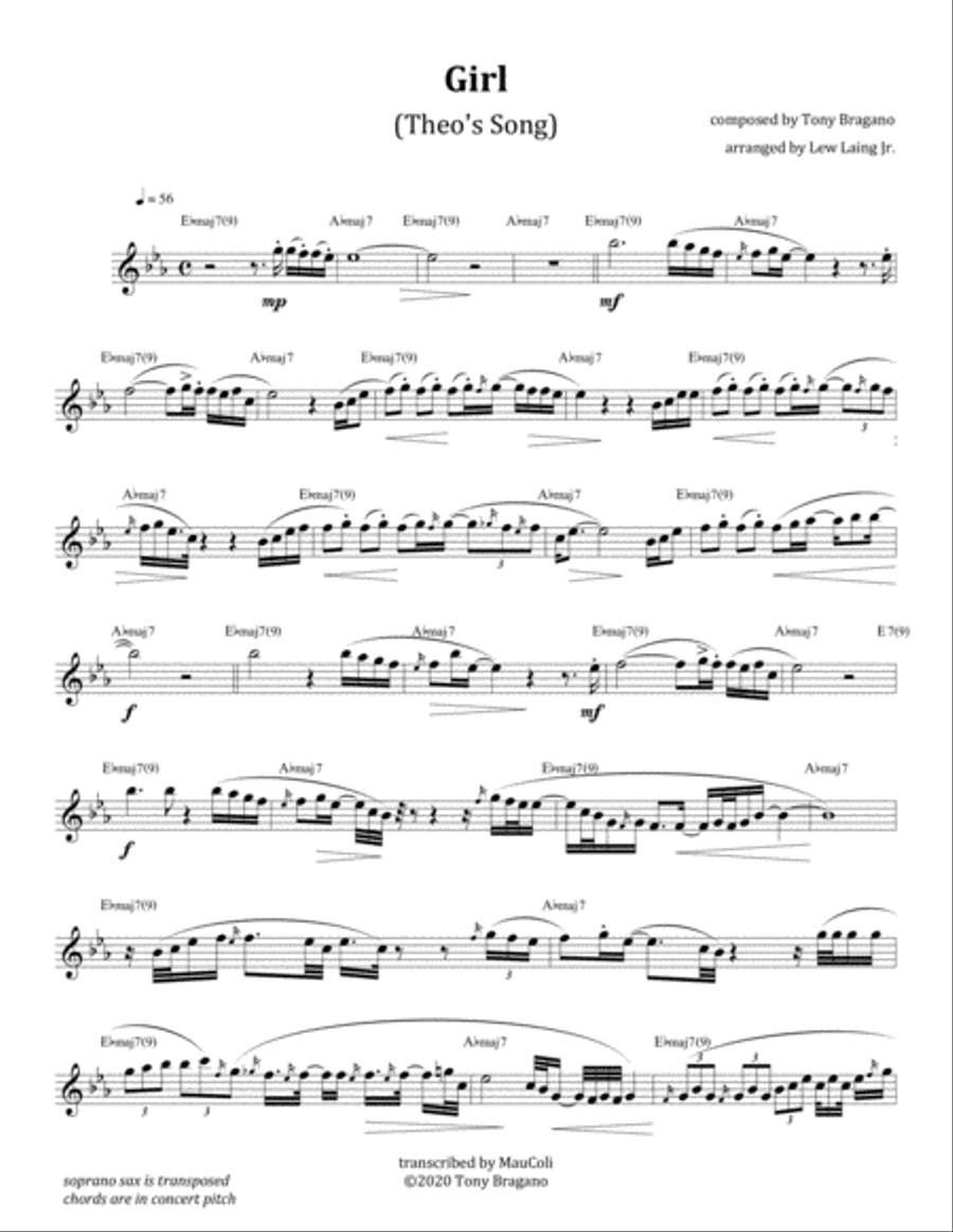 Girl - Tony Bragano Girl - Tony Bragano Soprano Saxophone scores gallery preview page 1