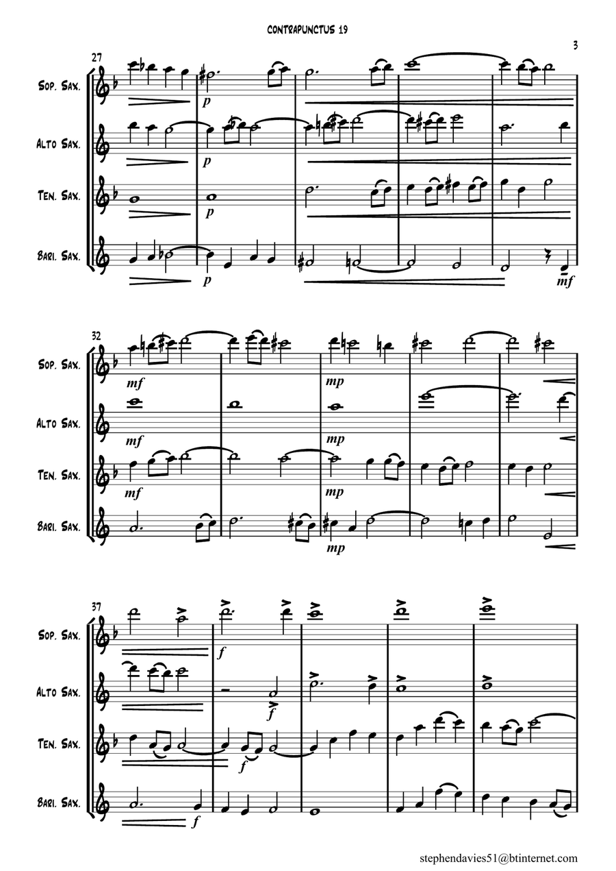 'Contrapunctus 19' By J.S.Bach BWV 1080 from 'The Art of the Fugue' for Saxophone Quartet. Saxophone Quartet scores gallery preview page 3