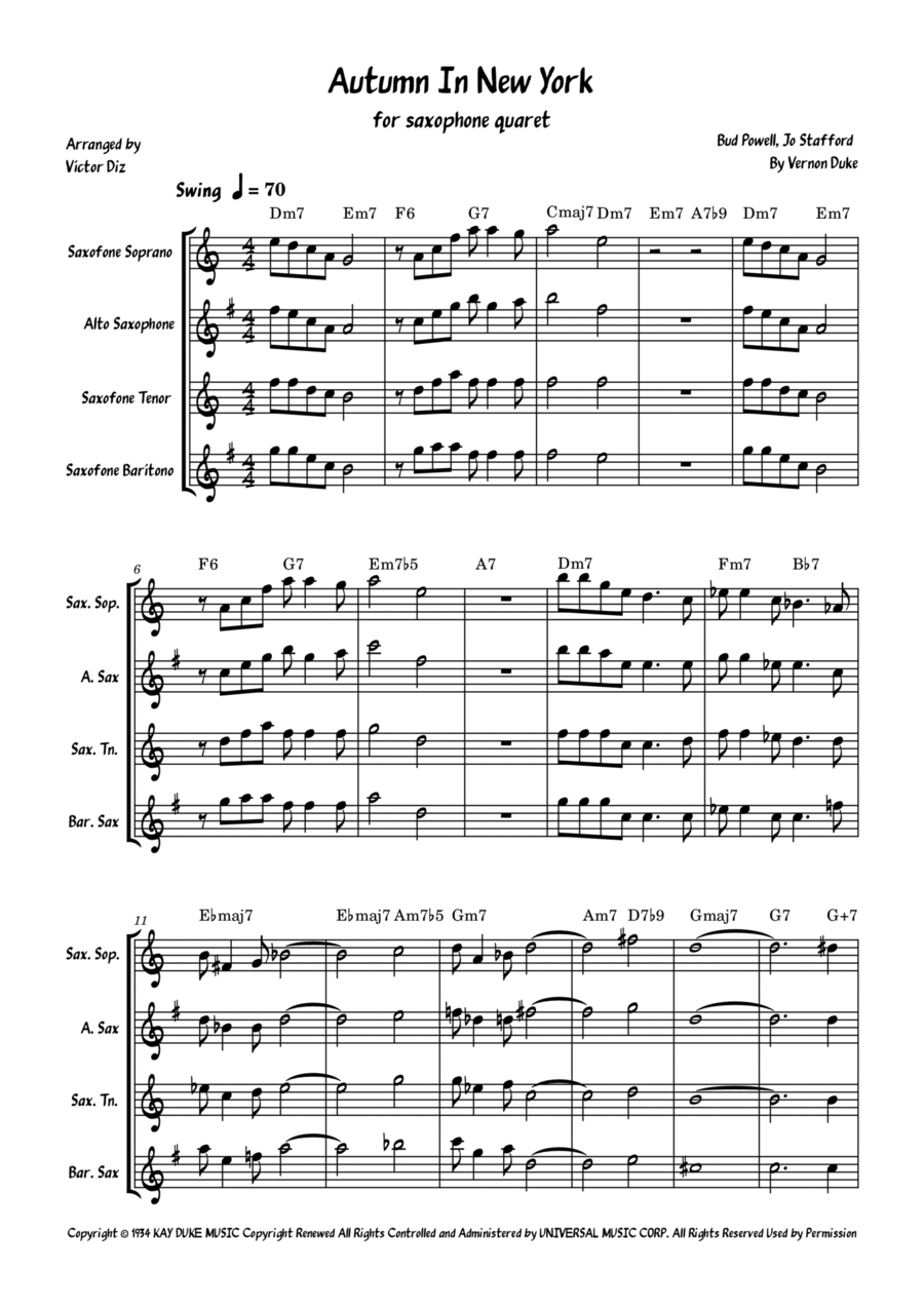 Autumn In New York Woodwind Quartet scores gallery preview page 1