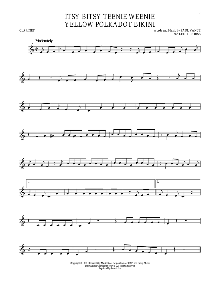 Itsy Bitsy Teenie Weenie Yellow Polkadot Bikini Clarinet Solo scores gallery preview page 1