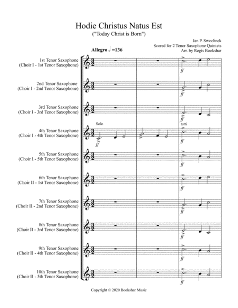 Hodie Christus Natus Est (2 Tenor Saxophone Quintets) Saxophone Quintet scores gallery preview page 1