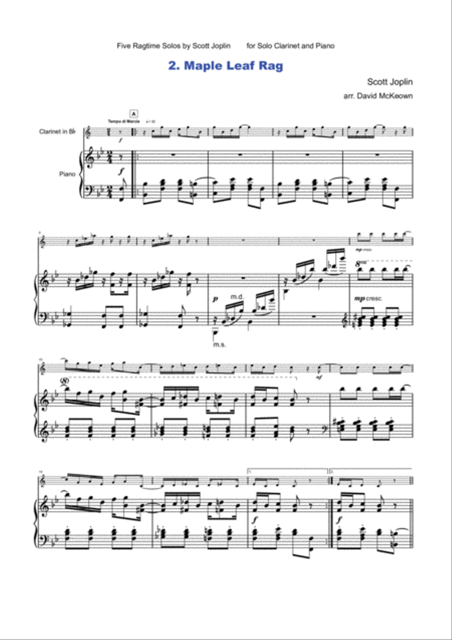 Five Ragtime Solos by Scott Joplin for Clarinet and Piano