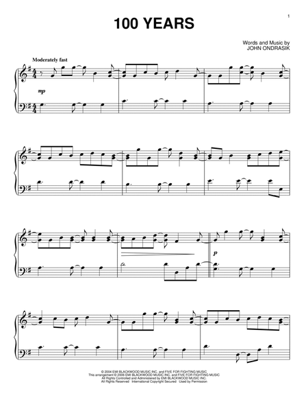 100 Years by Five for Fighting Piano Solo - Digital Sheet Music
