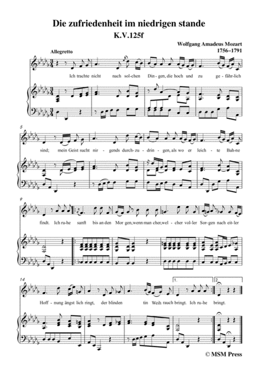 Mozart-Die zufriedenheit im niedrigen stande,in D flat Major,for Voice and Piano image number null