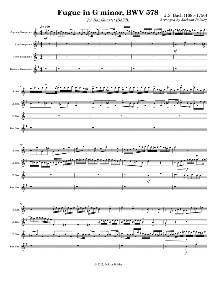 Fugue in G Minor, BMV 578 for Sax Quartet Saxophone Quartet scores gallery preview page 1