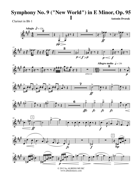 Dvorak Symphony No. 9, New World, Movement I - Clarinet in Bb 1 (Transposed Part), Op.95