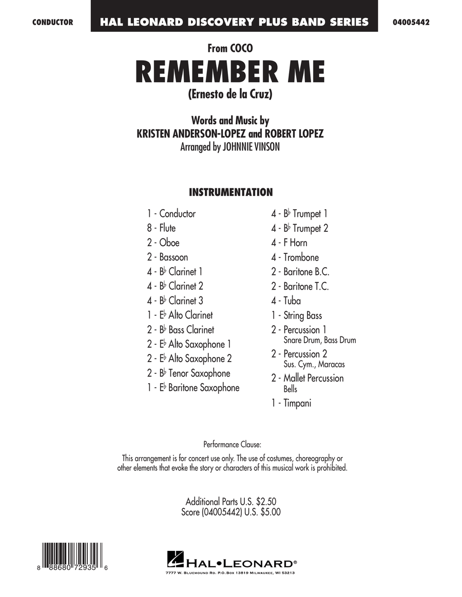 Remember Me (from Coco) (arr. Johnnie Vinson) - Conductor Score (Full Score) Concert Band scores gallery preview page 1