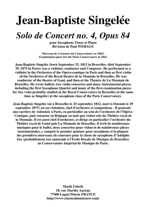 Book cover for Jean-Baptiste Singelée Solo de Concert no. 4, Opus 84 for tenor saxophone and piano