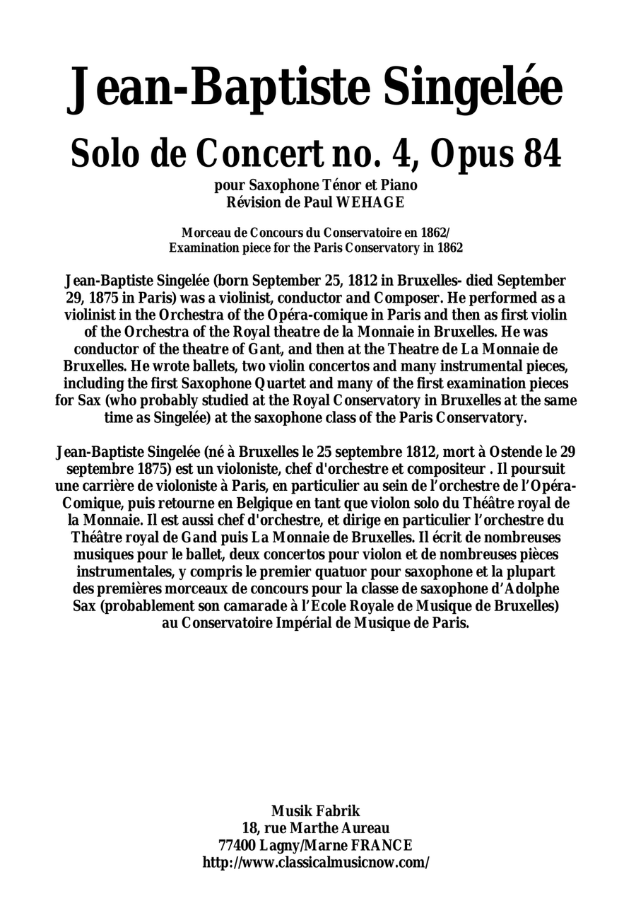 Jean-Baptiste Singelée Solo de Concert no. 4, Opus 84 for tenor saxophone and piano