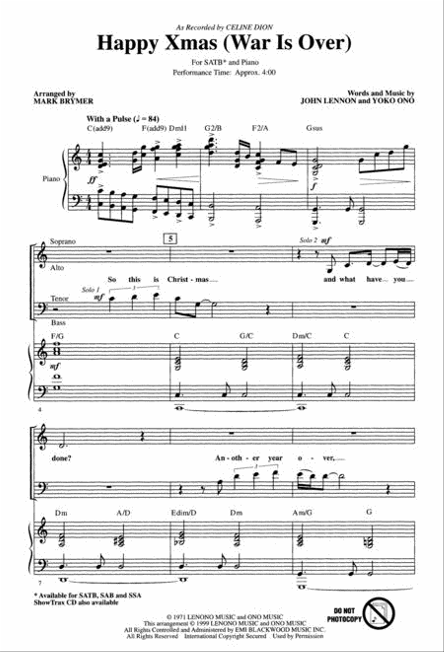 Happy Xmas (War Is Over) Happy Xmas (War Is Over) 4-Part scores gallery preview page 2
