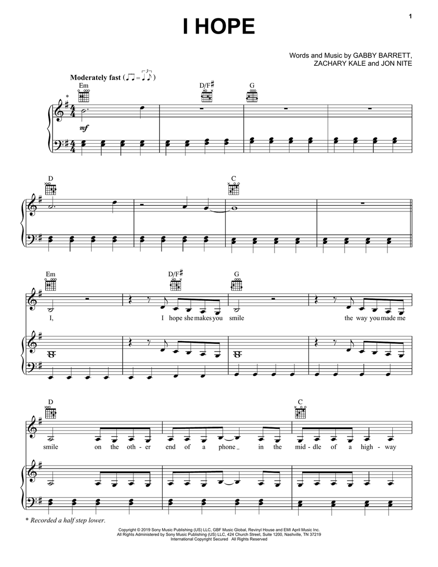 I Hope Piano, Vocal, Guitar scores gallery preview page 1