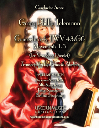Book cover for Telemann - Concerto à 4, TWV 43:G6 (for Saxophone Quartet SATB with optional Organ)
