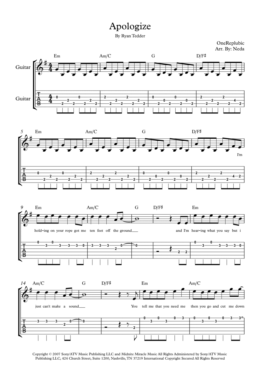 Apologize Electric Guitar scores gallery preview page 1