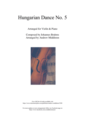 Hungarian Dance No. 5 in G Minor arranged for Violin and Piano