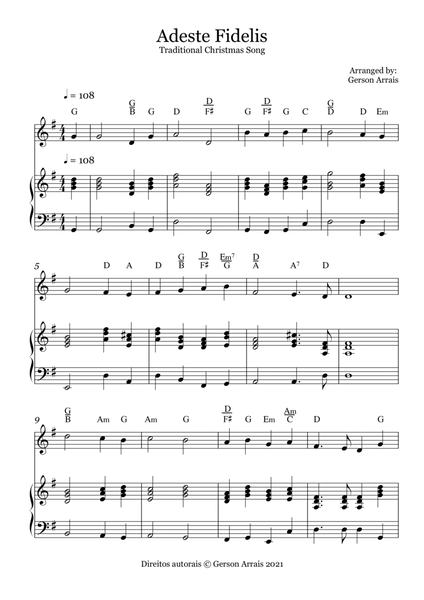 Adeste Fidelis - Traditional Christmas Song - for Recorder and Piano - Score and Parts