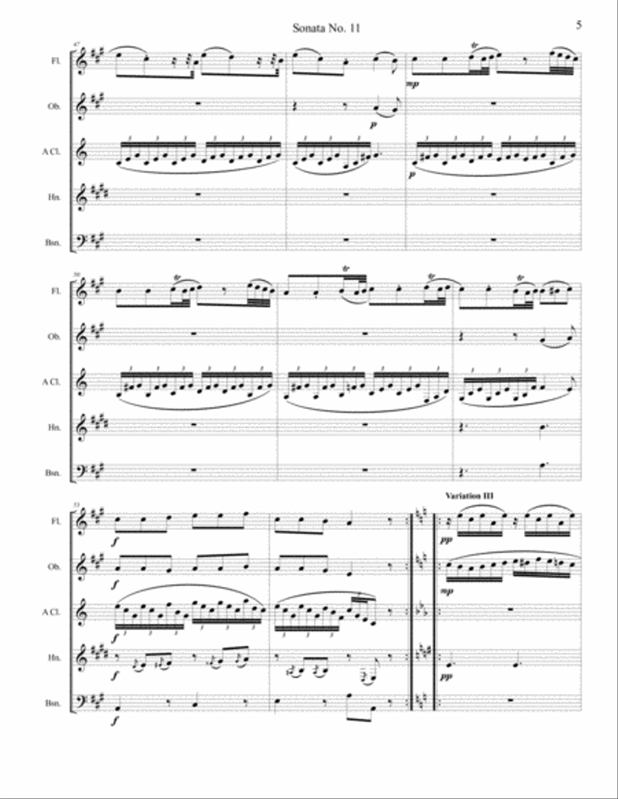 Piano Sonata No 11 (Alla Turca) Movement 1, Theme and Variations Woodwind Quintet scores gallery preview page 5