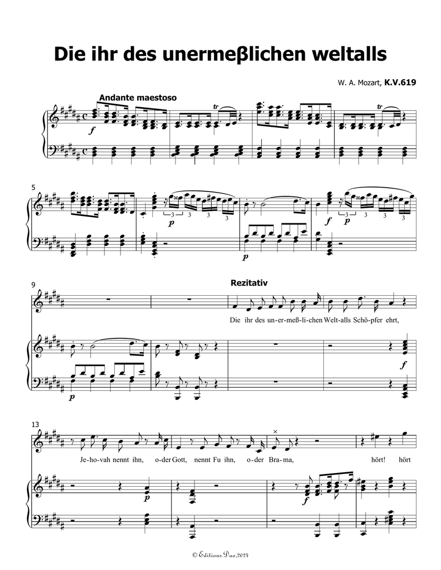 Die ihr des unermeβlichen weltalls, by Mozart, K.V.619, in B Major Piano, Vocal scores gallery preview page 3