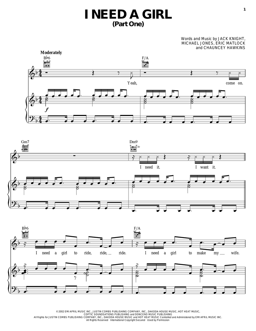 I Need A Girl (Part One) I Need A Girl (Part One) Piano, Vocal, Guitar scores gallery preview page 1