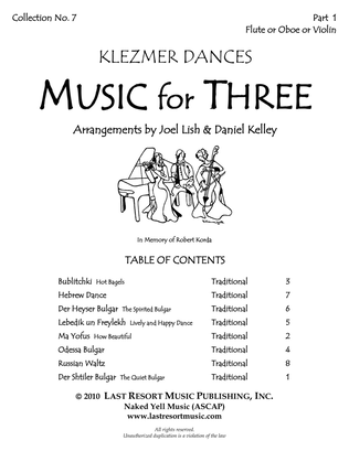 Book cover for Music for Three, Collection No. 7 Klezmer Dances for String Trio/Woodwind Trio/Mixed Trio 57007